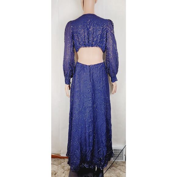 Delfi Collective Cerise navy blue metallic gold polka dot silk dress medium - Picture 5 of 15